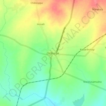 Mapa topográfico Yelburga, altitud, relieve