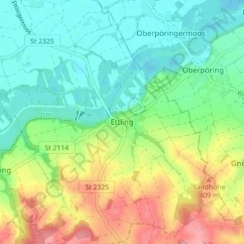 Mapa topográfico Ettling, altitud, relieve