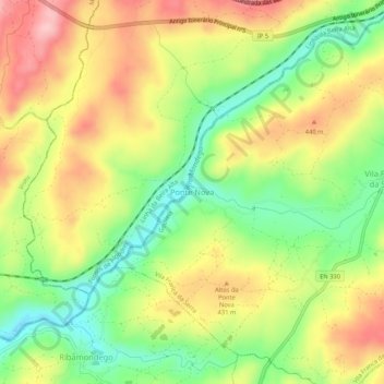 Mapa topográfico Ponte Nova, altitud, relieve