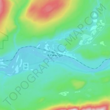 Mapa topográfico Kitwanga, altitud, relieve