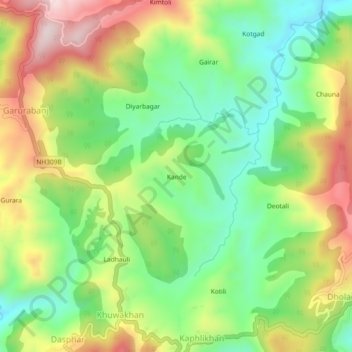 Mapa topográfico Kande, altitud, relieve