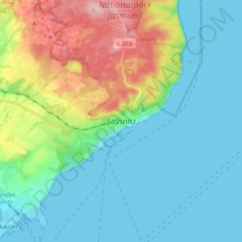 Mapa topográfico Sassnitz, altitud, relieve