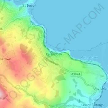 Mapa topográfico Carbis Bay, altitud, relieve