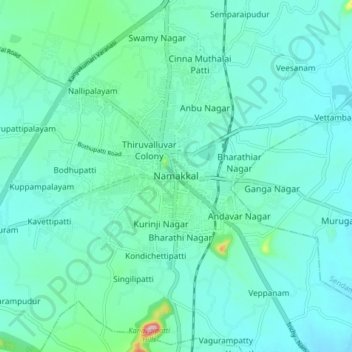 Mapa topográfico Namakkal, altitud, relieve