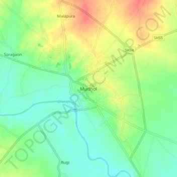 Mapa topográfico Mudhol, altitud, relieve