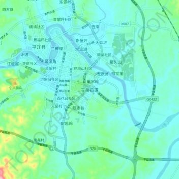 Mapa topográfico Tianyue, altitud, relieve