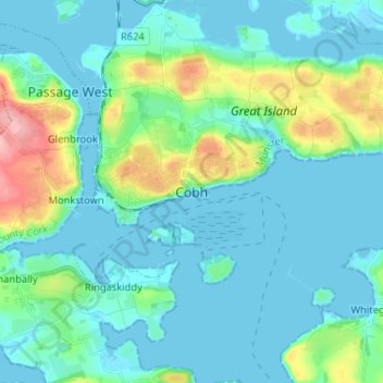 Mapa topográfico Cobh, altitud, relieve