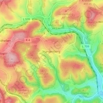 Mapa topográfico Hardenberg, altitud, relieve