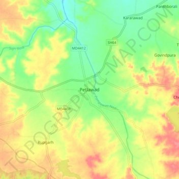 Mapa topográfico Petlawad, altitud, relieve