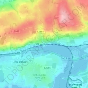 Mapa topográfico Glounthaune, altitud, relieve