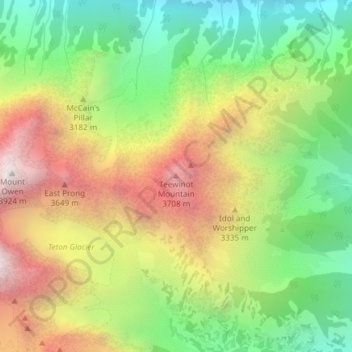 Mapa topográfico Teewinot Mountain, altitud, relieve