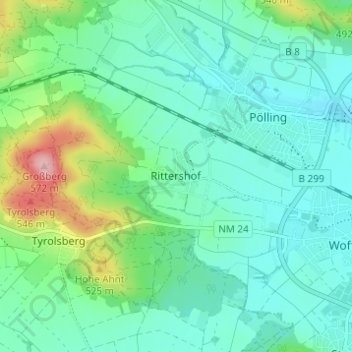 Mapa topográfico Rittershof, altitud, relieve