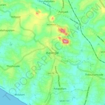 Mapa topográfico Karungal, altitud, relieve