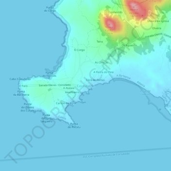 Mapa topográfico Corrubedo, altitud, relieve