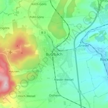 Mapa topográfico Butzbach, altitud, relieve
