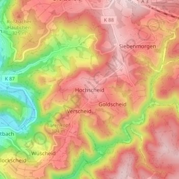 Mapa topográfico Hochscheid, altitud, relieve