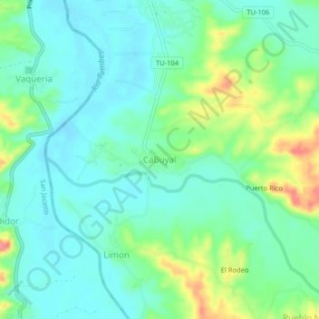 Mapa topográfico Cabuyal, altitud, relieve