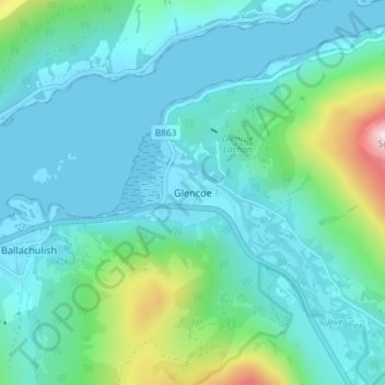 Mapa topográfico Glencoe, altitud, relieve