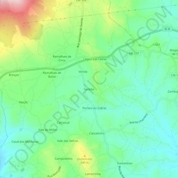 Mapa topográfico Serôdio, altitud, relieve