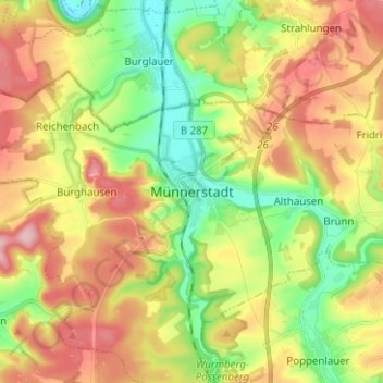 Mapa topográfico Münnerstadt, altitud, relieve