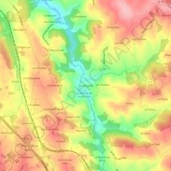 Mapa topográfico Les Vergnes, altitud, relieve