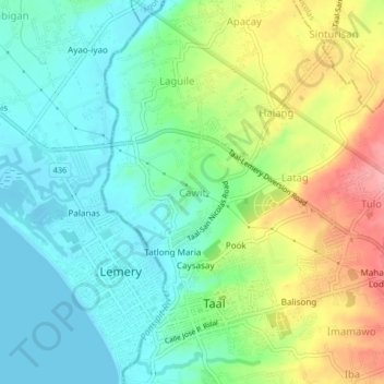 Mapa topográfico Cawit, altitud, relieve