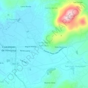 Mapa topográfico Santa María Nativitas, altitud, relieve
