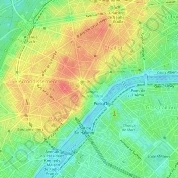 Mapa topográfico Explanada de Trocadero, altitud, relieve