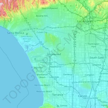 Mapa topográfico Inglewood, altitud, relieve