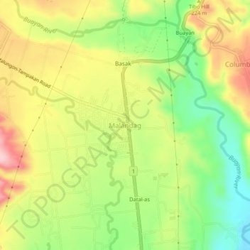 Mapa topográfico Malandag, altitud, relieve