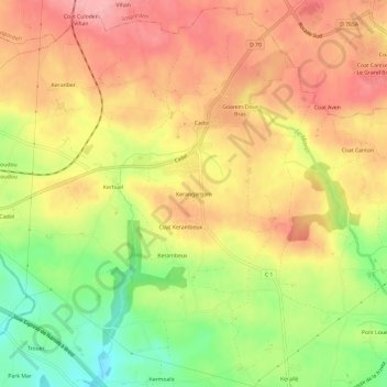 Mapa topográfico Kerangargam, altitud, relieve