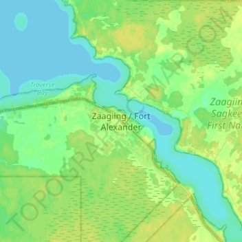 Mapa topográfico Zaagiing / Fort Alexander, altitud, relieve