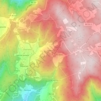Mapa topográfico Zibreiros, altitud, relieve