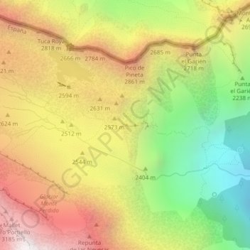 Mapa topográfico Balcón de Pineta, altitud, relieve