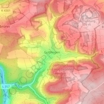 Mapa topográfico Gültlingen, altitud, relieve