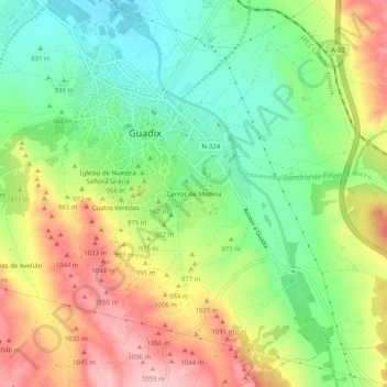 Mapa topográfico Cerros de Medina, altitud, relieve