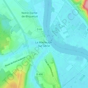 Mapa topográfico La Mailleraye-sur-Seine, altitud, relieve