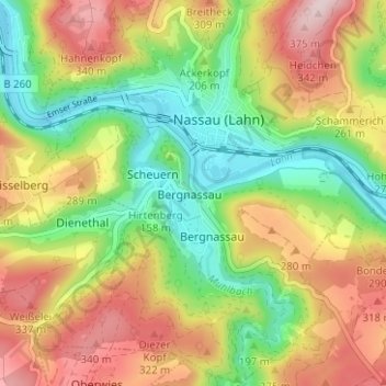 Mapa topográfico Bergnassau-Scheuern, altitud, relieve