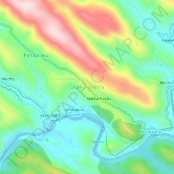 Mapa topográfico Eruthuvapuzha, altitud, relieve