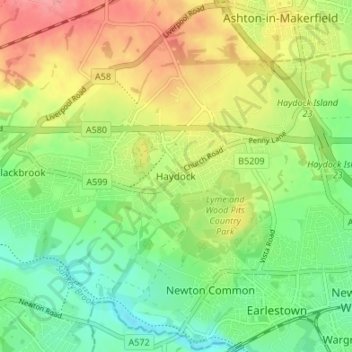 Mapa topográfico Haydock, altitud, relieve