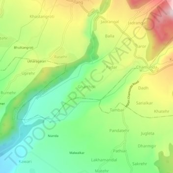 Mapa topográfico Ghartholi, altitud, relieve