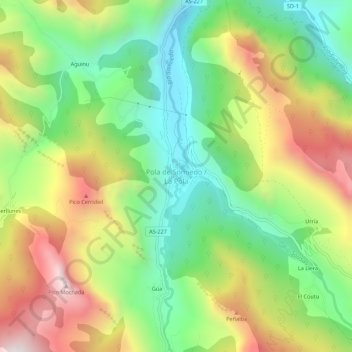 Mapa topográfico Pola de Somiedo, altitud, relieve