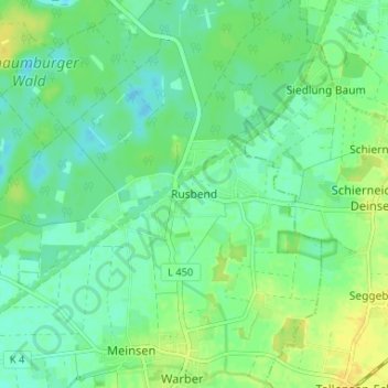 Mapa topográfico Rusbend, altitud, relieve