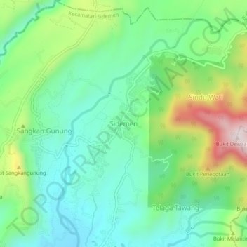 Mapa topográfico Sidemen, altitud, relieve