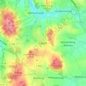 Mapa topográfico Cappel, altitud, relieve