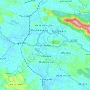 Mapa topográfico Perinthalmanna, altitud, relieve