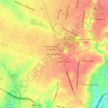 Mapa topográfico Universidades, altitud, relieve