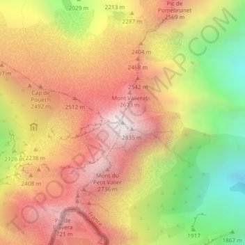 Mapa topográfico Mont Valier, altitud, relieve