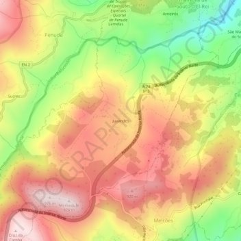 Mapa topográfico Juvandes, altitud, relieve