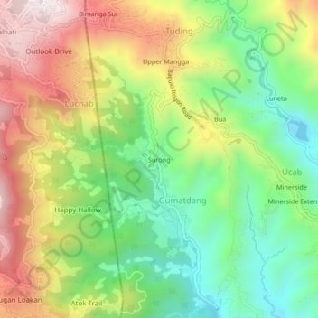 Mapa topográfico Surong, altitud, relieve
